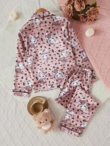 Tween Girls' Cartoon Print Faux Silk Pajama Set Cute Pj Set Girl Pajama Set - Brown - View 2