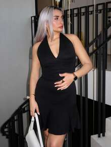 salliqueen Sexy Women's Summer Deep V-Neck Tie Backless Ruffle Hem Dress - Black - View 1