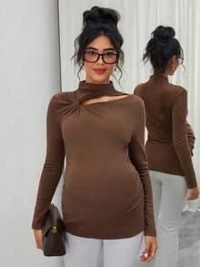 Momance Maternity Solid Color Long Sleeve T-Shirt With Asymmetrical Twist Hollow Design - Brown - View 4