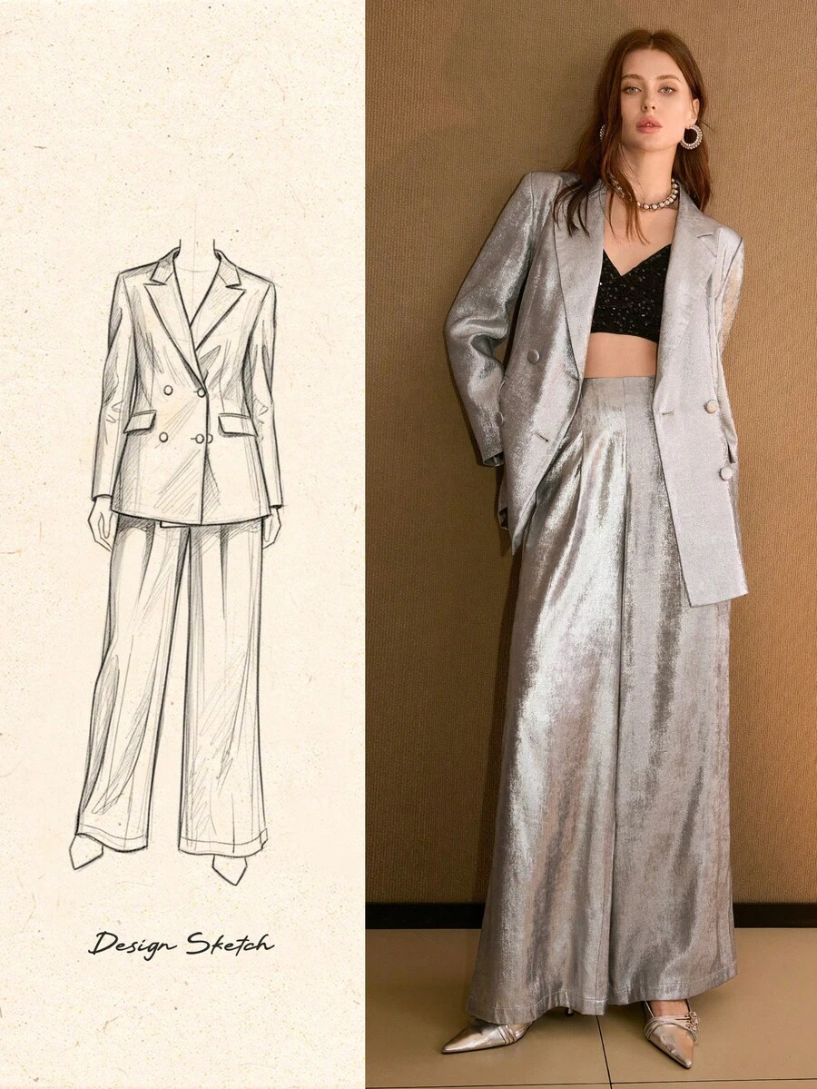 MOTF PREMIUM 时尚宽松金属涂层银色亮面西装外套