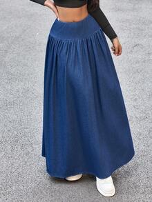 Flexra Women's Solid Color Pleated Fashionable Versatile Long Denim Skirt - Blue - View 7