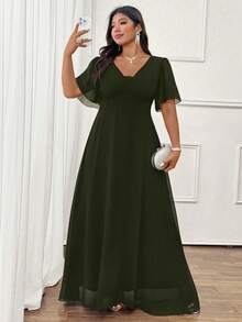 Cravure 优雅通勤休闲雪纺褶皱短袖系腰长连衣裙，百搭舒适面料，适合春、夏、秋季穿着，黑色，大码可选 - 軍綠色 - 查看 2