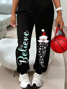 EMERY ROSE Plus Size Women Christmas Letter & Snowflake Santa Claus Print Drawstring Waist Jogger Pants - Black - View 3
