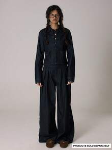 MUSERA 低腰纽扣腰部细节褶裥阔腿牛仔裤套装，仅限牛仔裤，休闲可爱，秋冬舒适居家休闲，Coco Cloud - 藏蓝色 - 查看 1