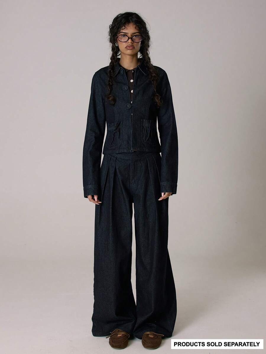 MUSERA 低腰纽扣腰部细节褶裥阔腿牛仔裤套装，仅限牛仔裤，休闲可爱，秋冬舒适居家休闲，Coco Cloud - 藏蓝色 - 查看 1