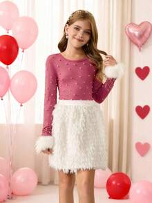 Tween Girls Pink Autumn Country Concert Elegant Long Sleeve Faux Pearl T-Shirt With Faux Fur Cuff & Short Fringed Skirt Christmas Party Outfit Set - Purple - View 5