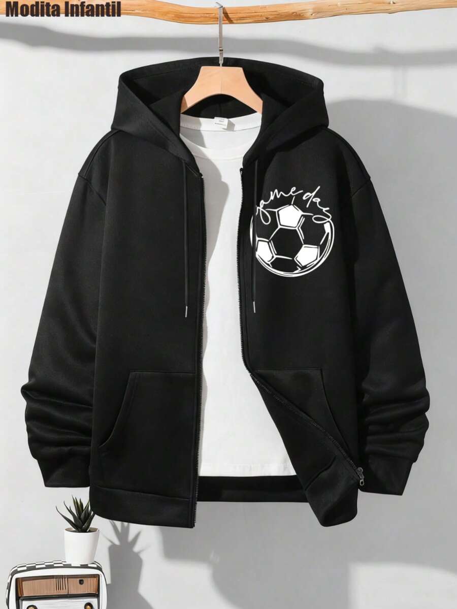 KID005|Navidad|1 pieza Abrigo infantil / Chaqueta con capucha para niños|Chaqueta de capucha infantil con dise?o de balompi?n elegante, perfecta para los amantes del f?tbol y el estilo casual - Negro - Ver 1