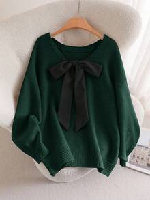 CosyJoli 大码休闲V领蝴蝶结系带宽松套头衫 - 墨綠色 - 查看 8