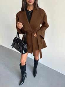 Aloruh Women's Long Sleeve Twist Waist Design Asymmetric Hem Fashionable Versatile Wool Blend Coat, Autumn/Winter - Brown - View 4