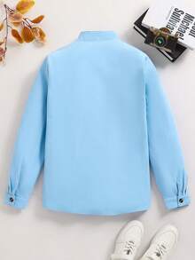 青少年男士绅士风单品，浅蓝色立领百搭时尚长袖衬衫，绅士衬衫，商务优雅校服个性化套装，生日派对日常休闲外套，优雅简约风格 - 淺藍色 - 查看 2