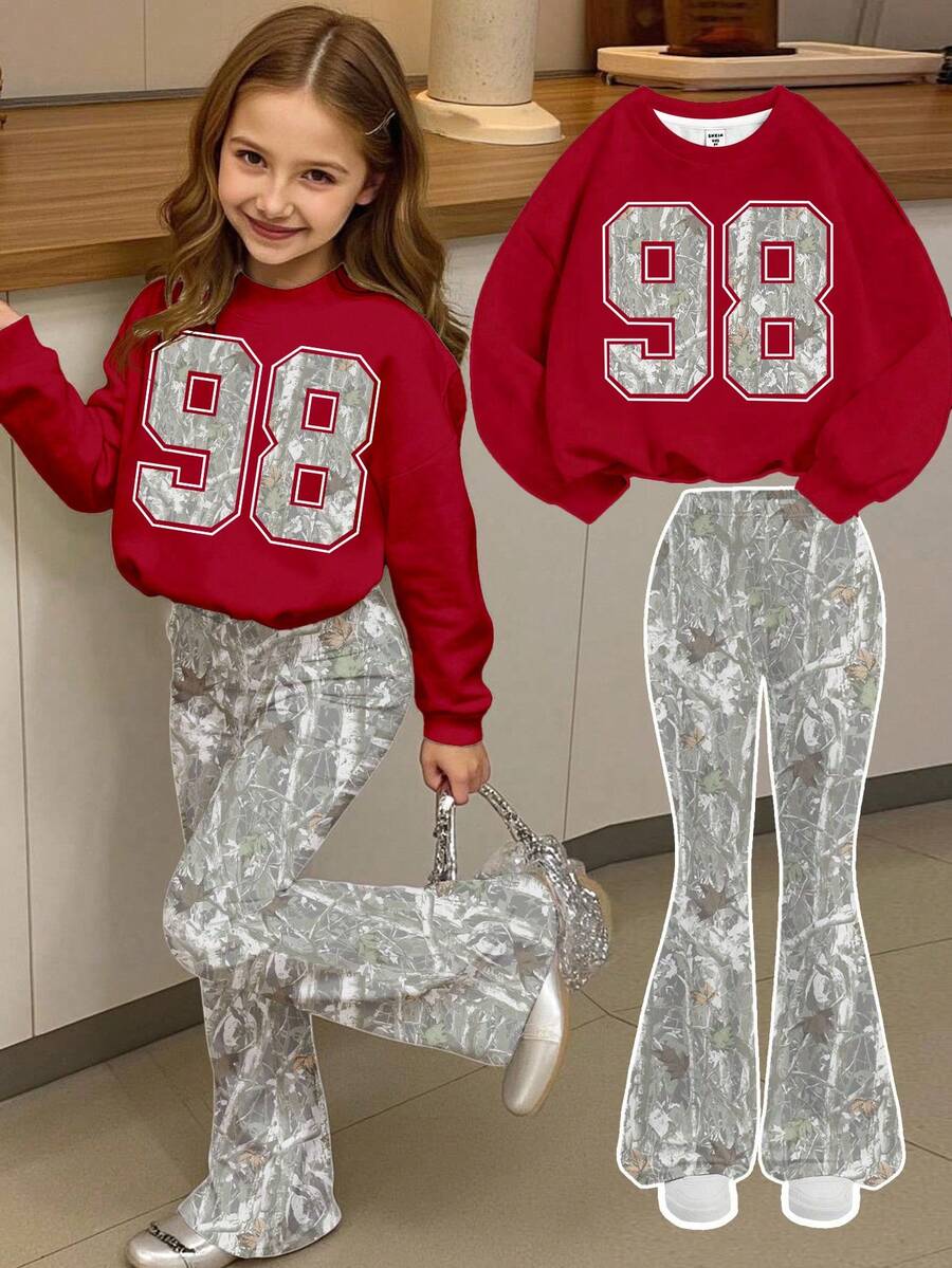SHEIN Leap Crew 秋季少女豹纹数字图案圆领长袖卫衣和喇叭裤套装 - 彩色 - 查看 1
