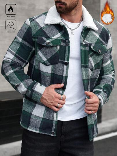 Manfinity Homme Men's Plaid Print Thermal Lined Long Sleeve Jacket Coat Woolen Jacket Men Men Shacket Men Flannels Fall Clothes For Men Plaid Jacket Men