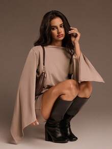 SHEIN ICON Women's Solid Color Boat Neck Flare Sleeve Fashionable Loose Mini Dress,Women's Winter Dress,Casual Outfit For Women Bell Sleeves Neutral Clothes For Women Cape Top Women's Fashion - Khaki - View 8