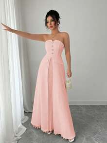 Elenzga Standard Size Women's Metal Decor Faux Pocket Pleated Hem Minimalist Elegant Mid-Length Dress - Pink - View 4