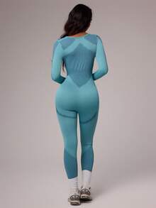 Dewbera 女士条纹长袖紧身瑜伽连体裤 - 淺藍色 - 查看 4