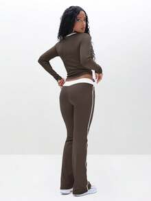 BABYPHAT Ribbed Henley Long Sleeve Top With Contrast White Trim And Button Placket For Casual Everyday Wear - Mocha Brown - View 8