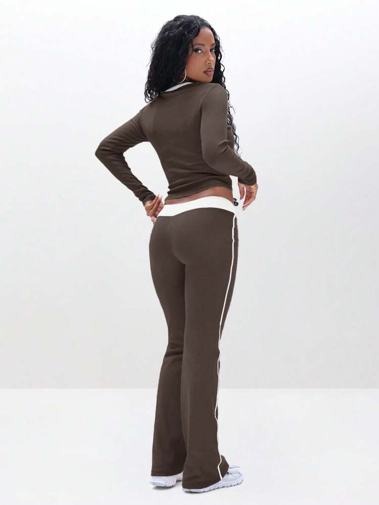 BABYPHAT Blusa de manga larga con cuello Henley acanalado con ribete blanco contrastante y botones para uso casual diario