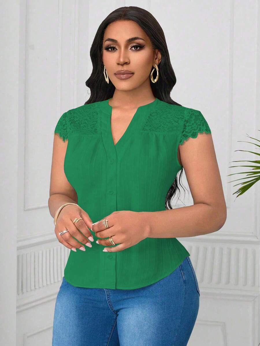 SHEIN Clasi Plus Size Contrast Lace V-Neck Textured Fabric Blouse - Dark Green - View 1