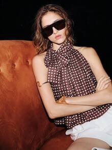 Lumivelle Valentine's Day Women's Fashion Party Graduation Bowknot Polka Dot Print Camisole Polka Dot Top Tie Top Brown Polka Dot Party Top Scarf Top Brown Top Bow Neck Top Pokadot Top Sleeveless Top Brown Polka Dot Top - Brown - View 7