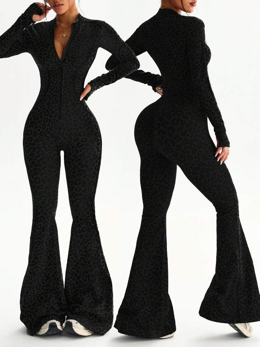 Dewbera 1pc Women's Seamless Sexy Leopard Print Mock Neck Front Zipper Thumb Hole High Waist Contour Sports Running Fitness Gymnastics Dance Long Sleeve Flared Jumpsuit - Multicolor - View 1