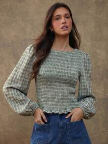 WESTFADE Áo thun ôm sát cổ thuyền tay dài, dệt kẻ caro, viền bèo nhún, tay phồng - Màu xanh nhạt - Xem 4