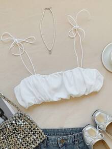 Comfortcana Women Solid Color Pleated Strap Casual Daily Wear Spring Summer Tank Top - White - View 1