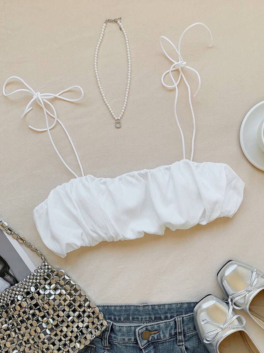 Comfortcana Women Solid Color Pleated Strap Casual Daily Wear Spring Summer Tank Top - White - View 1