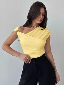 Firerie Women's Asymmetric Shoulder Wrap Ruched Waist Tight Fit T-Shirt, Elegant Modest Daily Commute, Spring/Summer - Pale Yellow - View 7