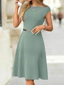 Editum Đầm mùa hè thoải mái, tay ngắn, dáng chữ A, thắt eo, đan màu trơn thanh lịch cho nữ - Màu xanh Bạc hà - Xem 3