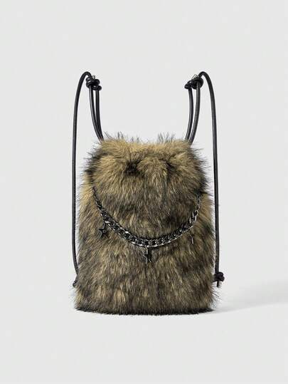 Grunge Punk Mochila de mujer, bolso marrón, peluche, bolso de peluche, accesorio colgante, encanto de lazo, encanto de corazón, cadena de metal, de moda, personalidad, versátil, compras, calle, dulce y fresco para chicas, chicas calientes, Y2k, punk, diario, otoño e invierno (patrón aleatorio)
