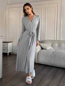 HautHeat Women's Solid Color Crossover Wrap Long Sleeve Comfortable Breathable Robe - Light Grey - View 3