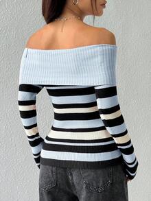 Flirla Women's Casual Contrast Stripe Off-Shoulder Sweater, Autumn - Blue - View 2