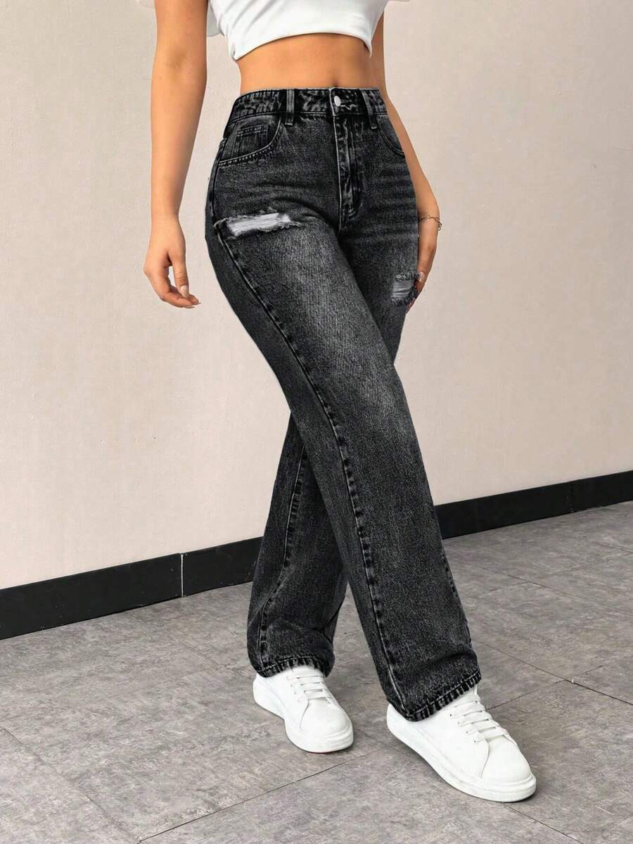 EMERY ROSE Women's High Waist Pocketed Casual Fitted Distressed Straight Leg Jeans - Black - View 1