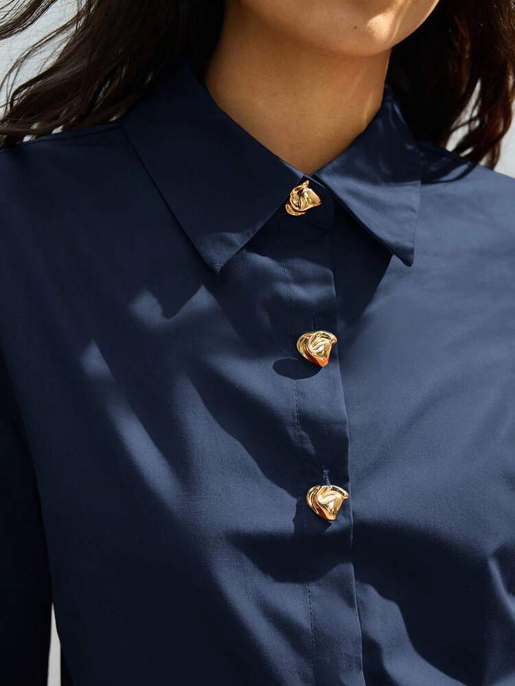 SHEIN Maija Women's Turndown Collar Long Sleeve Metal Decor Button Loose Blouse, Urban Commute Business Casual Elegant Shirt, Suitable For Valentine's Day, Summer, Wedding Guest, Resort, Teacher, Office Wear St Patrick's Day Women Easter