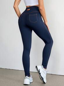 SHEIN Tall Summer Outfit Patched Detail Top-Stitching Black Knit Wideband Waist Leggings - Blue - View 1