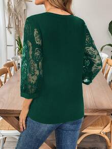 EMERY ROSE 女士V领花卉网纱灯笼袖时尚衬衫 - 墨綠色 - 查看 3