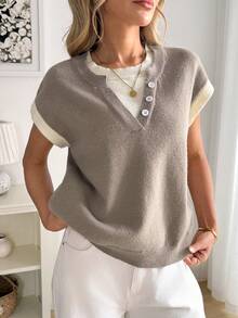 Easowa 女士休闲通勤撞色针织背心，休闲撞色亨利领套头衫，柔软针织二合一毛衣，夏季米色，休闲服饰 - 駝色 - 查看 4