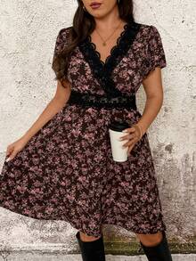 EMERY ROSE Elegant Plus Size Short Floral Dress With Overlap Collar Regular Sleeve And Ruffle Details - Multicolor - View 5