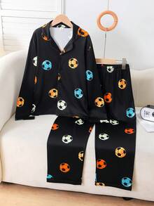 Tween Boys Pajamas-2 Pieces Pajama Set Soccer Ball Print Black Pajama Set For Boys Long Sleeve Notch Collar Button Front Long Pants Four Seasons Nightwear Holiday 2026 Must Have Festive Gift Comfortable Cozy Lounge This Product Requires UV Light Exposure To Glow - Black - View 4