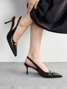 CUCCOO BIZCHIC Giày cao gót mũi nhọn thiết kế khóa kim loại cho nữ - màu đen - Xem 4