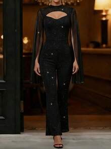 EMERY ROSE Women's Glittery Cape Sleeve Fashionable Black Jumpsuit - Black - View 1