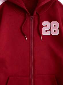 Sudadera con capucha de cierre  con estampado numérico 28 para mujer estilo deportivo casual - Burdeos - Ver 9