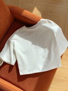 Comfortcana Solid Drop Shoulder Crop Tee - White - View 5