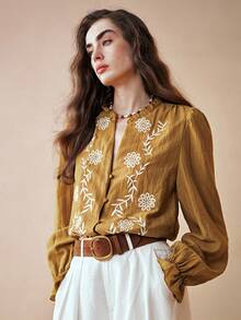 Arave Women's VISCOSE Fabric, V-Neck With Notched Details, Ruffled Edges, Straight Shoulders, Long Sleeves, Gathered Details, Full-Row Button Embroidery Design, Casual Everyday Regular Shirt New Year - Olive Green - View 3