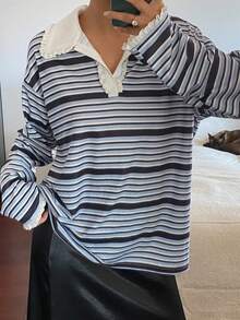 Livesso 女士高领荷叶边条纹T恤，秋冬长袖 - 藍色 - 查看 3