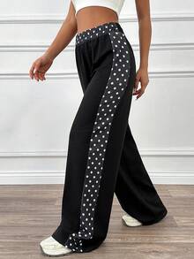 EURMUSE Women's Elastic Waist Polka Dot Print Patchwork Loose Casual Wide Leg Sweatpants - Black and White - View 4