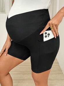 SHEIN Quần legging ngắn cạp chun bất đối xứng màu trơn cho bà bầu - màu đen - Xem 7