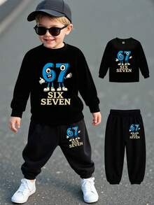 SHEIN GraphicGems 2pcs/Set Young Boy Casual Creative Personalized Fresh Cute Simple Cool Cartoon Big Eye Number 67 Lightning Graphic Letter Slogan Print Sweatshirt And Sweatpants Cozy Fall & Winter Outfit - Black - View 2
