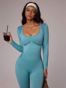 Dewbera 女士条纹长袖紧身瑜伽连体裤 - 淺藍色 - 查看 1