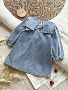 Vintaside Kids 女婴春秋刺绣翻领长袖时尚休闲水洗牛仔连衣裙，适合温和天气，实用时尚的设计，适合凉爽月份的日常穿着 - 藍色 - 查看 2